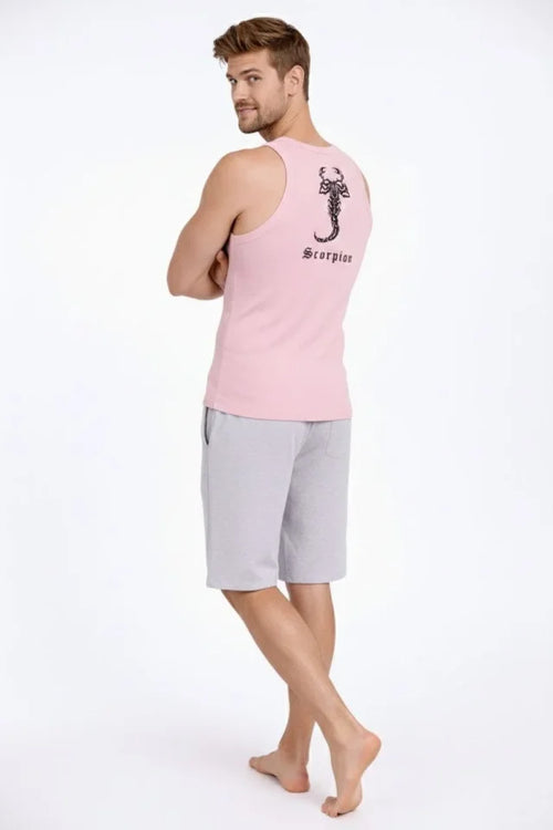 Erkek Fitilli Atlet Sıfır Yaka Slim Fit Arka Baskılı Spor Atlet - Pembe (182981)
