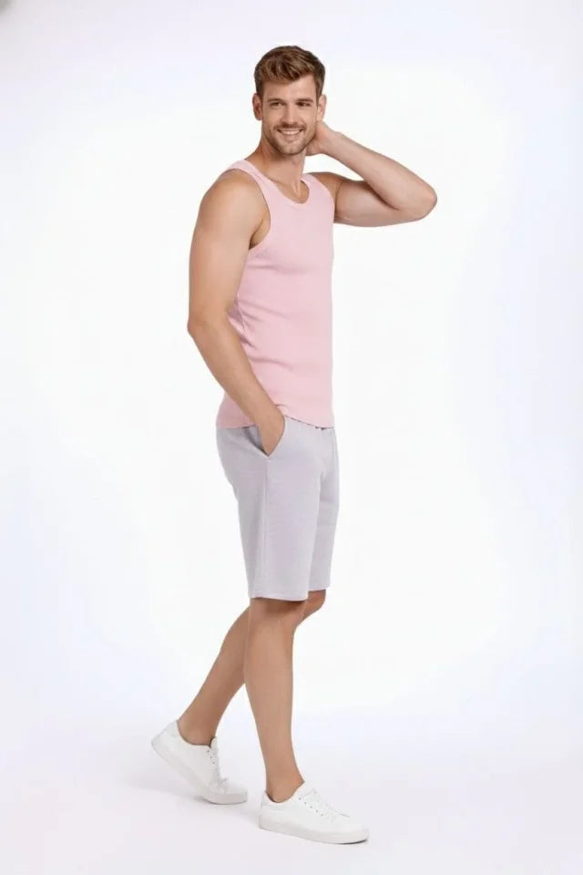 Erkek Fitilli Atlet Sıfır Yaka Slim Fit Arka Baskılı Spor Atlet - Pembe (182981)