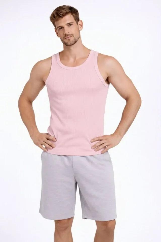Erkek Fitilli Atlet Sıfır Yaka Slim Fit Arka Baskılı Spor Atlet - Pembe (182981)