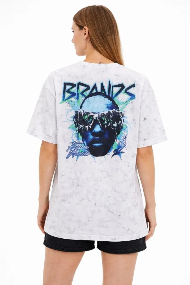 Asit Yıkamalı Oversize Tişört Future Worlds Baskılı Bisiklet Yaka Kısa Kollu Streetwear %100 Pamuk Street Style T-Shirt - Beyaz (183652)
