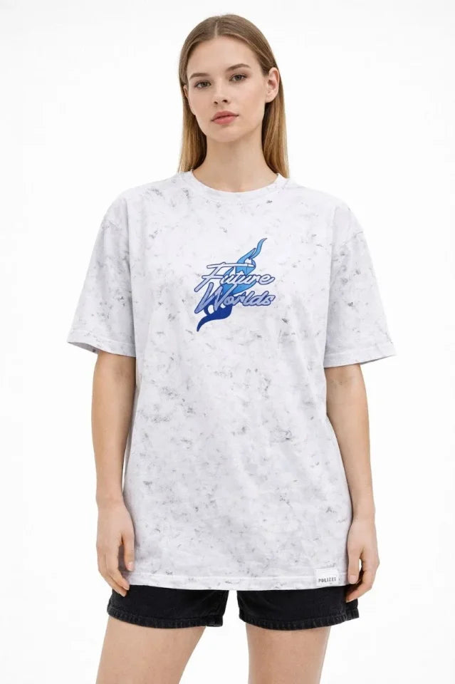 Asit Yıkamalı Oversize Tişört Future Worlds Baskılı Bisiklet Yaka Kısa Kollu Streetwear %100 Pamuk Street Style T-Shirt - Beyaz (183652)
