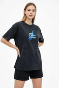 Asit Yıkamalı Oversize Tişört Future Worlds Baskılı Bisiklet Yaka Kısa Kollu Streetwear %100 Pamuk Street Style T-Shirt - Siyah (183653)