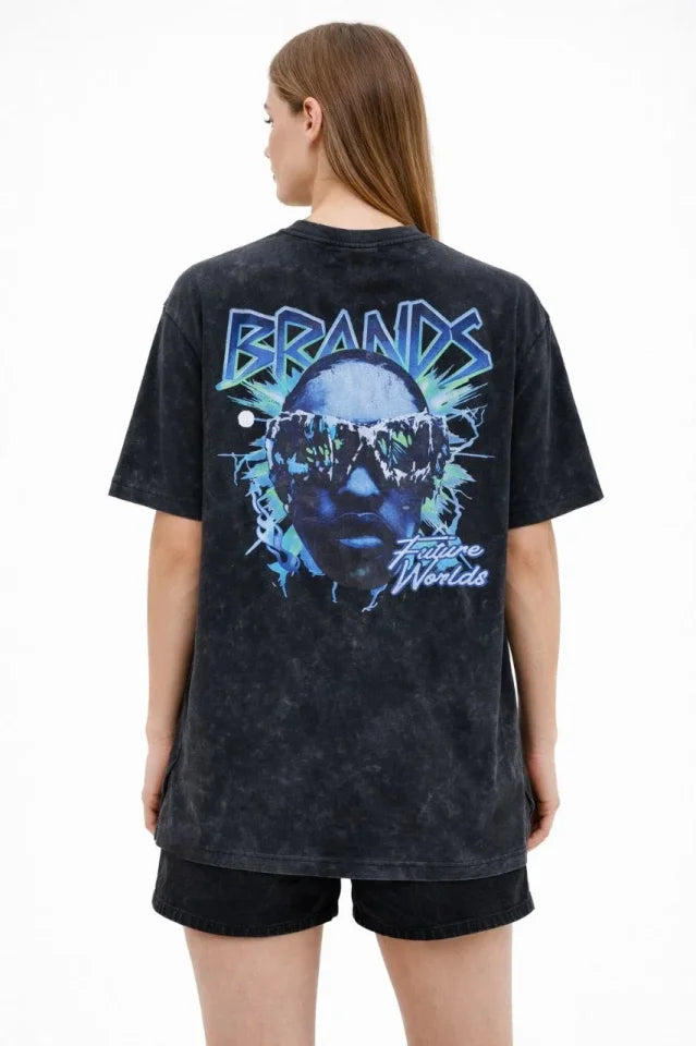 Asit Yıkamalı Oversize Tişört Future Worlds Baskılı Bisiklet Yaka Kısa Kollu Streetwear %100 Pamuk Street Style T-Shirt - Siyah (183653)