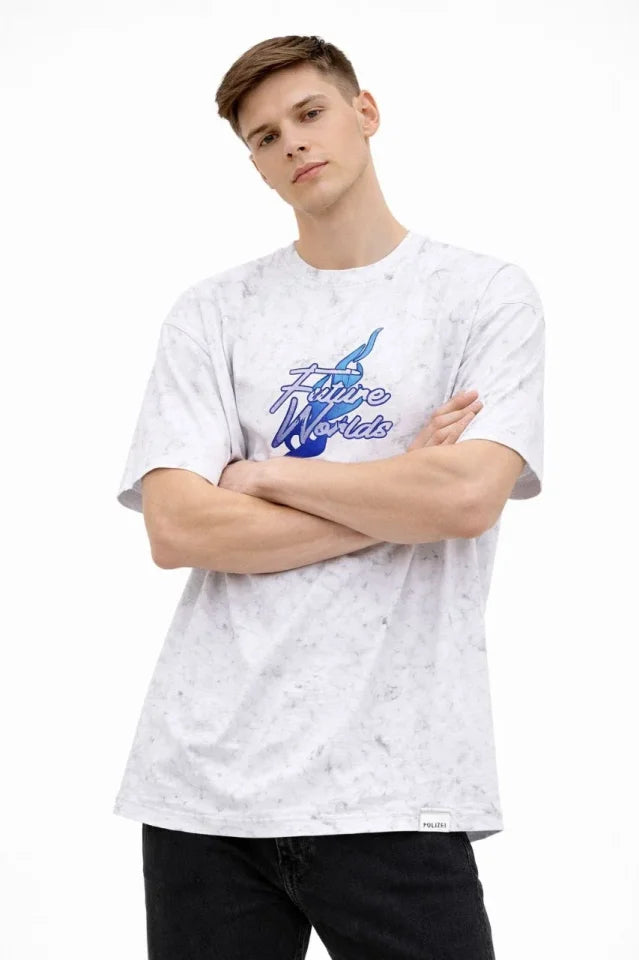 Erkek Asit Yıkamalı Oversize Tişört Future Worlds Baskılı Bisiklet Yaka Kısa Kollu Streetwear %100 Pamuk Street Style T-Shirt - Beyaz (183662)