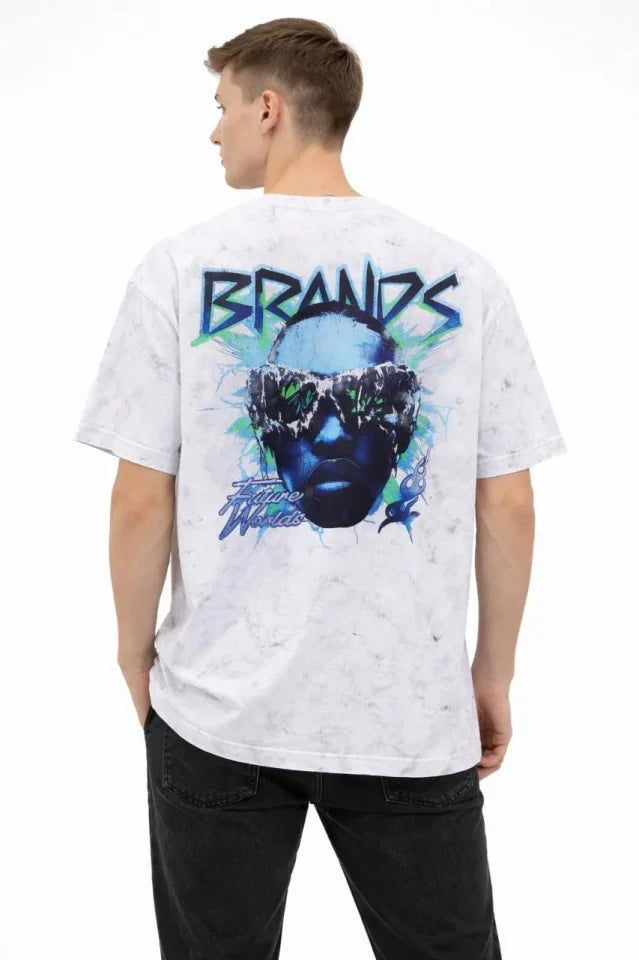 Erkek Asit Yıkamalı Oversize Tişört Future Worlds Baskılı Bisiklet Yaka Kısa Kollu Streetwear %100 Pamuk Street Style T-Shirt - Beyaz (183662)