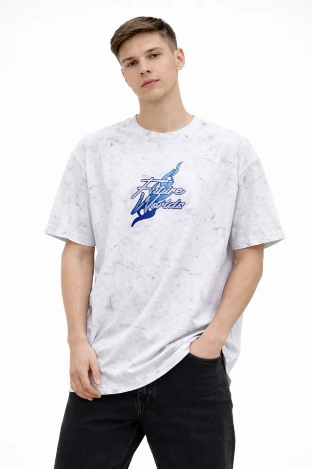 Erkek Asit Yıkamalı Oversize Tişört Future Worlds Baskılı Bisiklet Yaka Kısa Kollu Streetwear %100 Pamuk Street Style T-Shirt - Beyaz (183662)