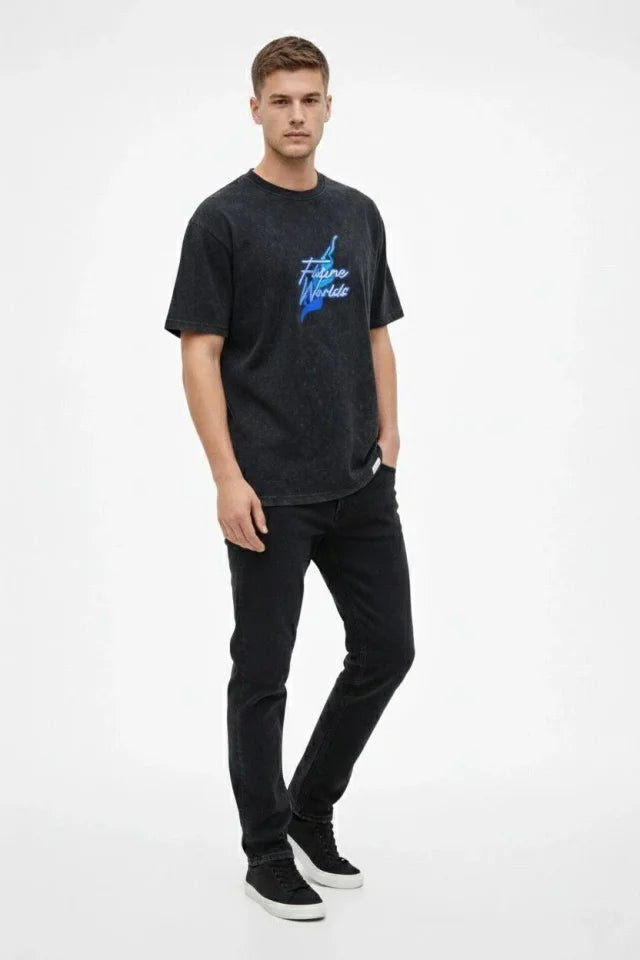 Erkek Asit Yıkamalı Oversize Tişört Future Worlds Baskılı Bisiklet Yaka Kısa Kollu Streetwear %100 Pamuk Street Style T-Shirt - Siyah (183663)