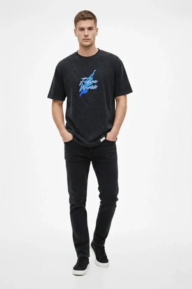 Erkek Asit Yıkamalı Oversize Tişört Future Worlds Baskılı Bisiklet Yaka Kısa Kollu Streetwear %100 Pamuk Street Style T-Shirt - Siyah (183663)