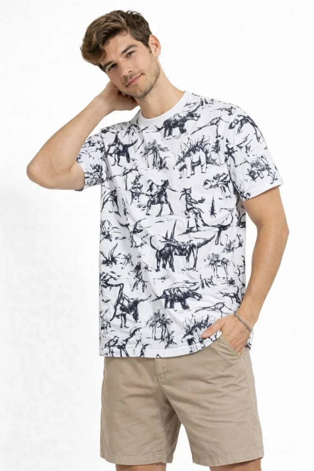 Erkek Beyaz Dinozor Desenli Tişört – Regular Fit, Bisiklet Yaka, Dijital Baskılı Pamuklu T-Shirt - Beyaz (183918)