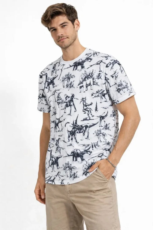 Erkek Beyaz Dinozor Desenli Tişört – Regular Fit, Bisiklet Yaka, Dijital Baskılı Pamuklu T-Shirt - Beyaz (183918)
