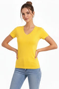 T-Shirt V Yaka Slim Fit Likralı Tişört Günlük Basic Body - Sarı (183954)