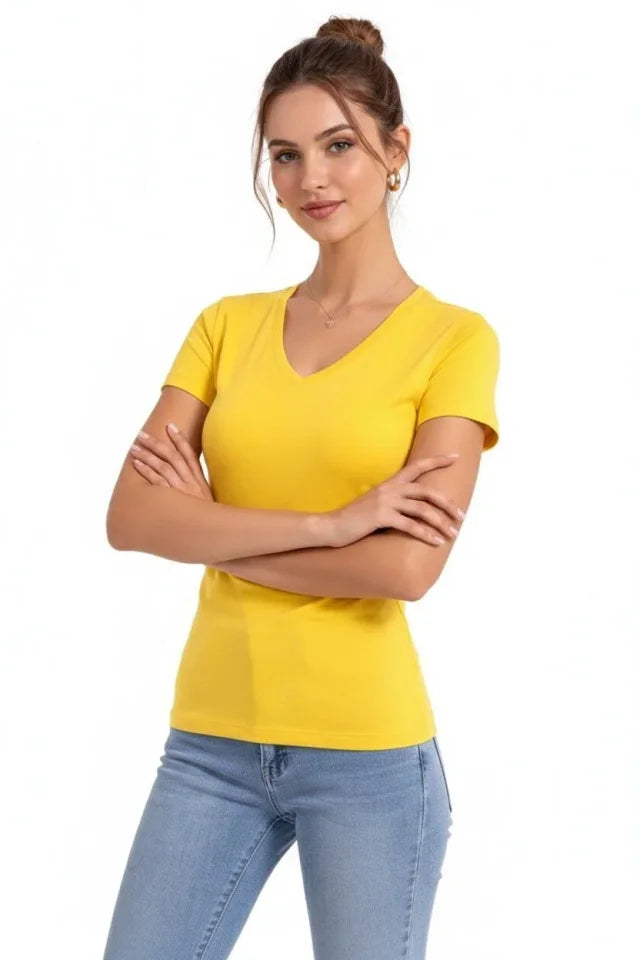 T-Shirt V Yaka Slim Fit Likralı Tişört Günlük Basic Body - Sarı (183954)