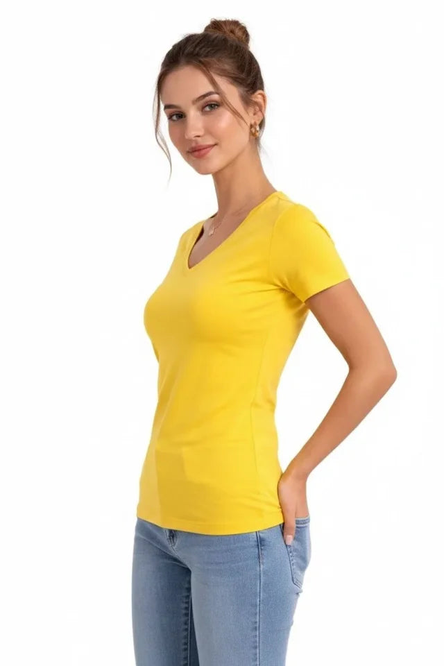 T-Shirt V Yaka Slim Fit Likralı Tişört Günlük Basic Body - Sarı (183954)
