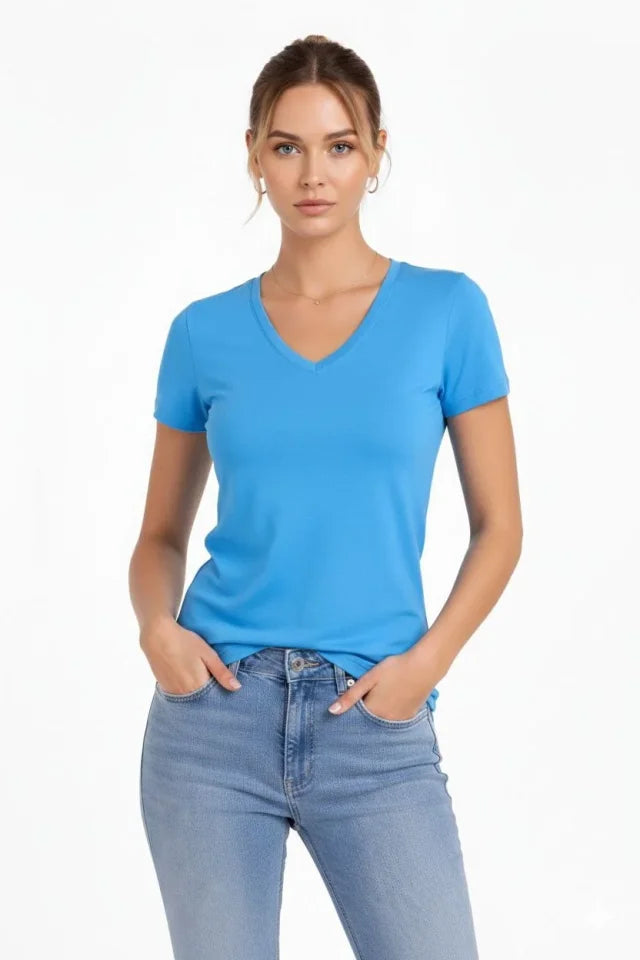 T-Shirt V Yaka Slim Fit Likralı Tişört Günlük Basic Body - Açık Mavi (183956)