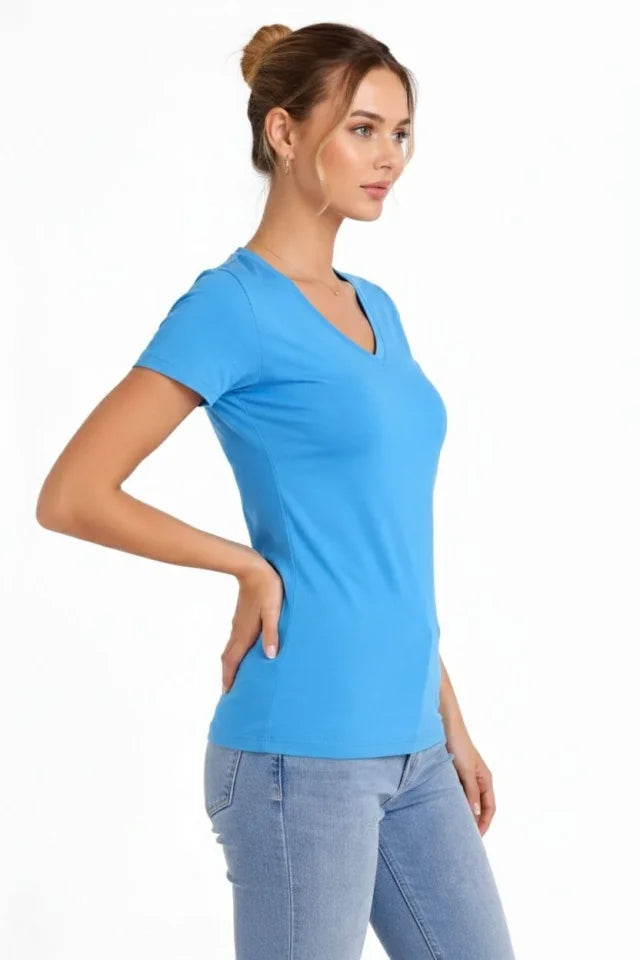 T-Shirt V Yaka Slim Fit Likralı Tişört Günlük Basic Body - Açık Mavi (183956)