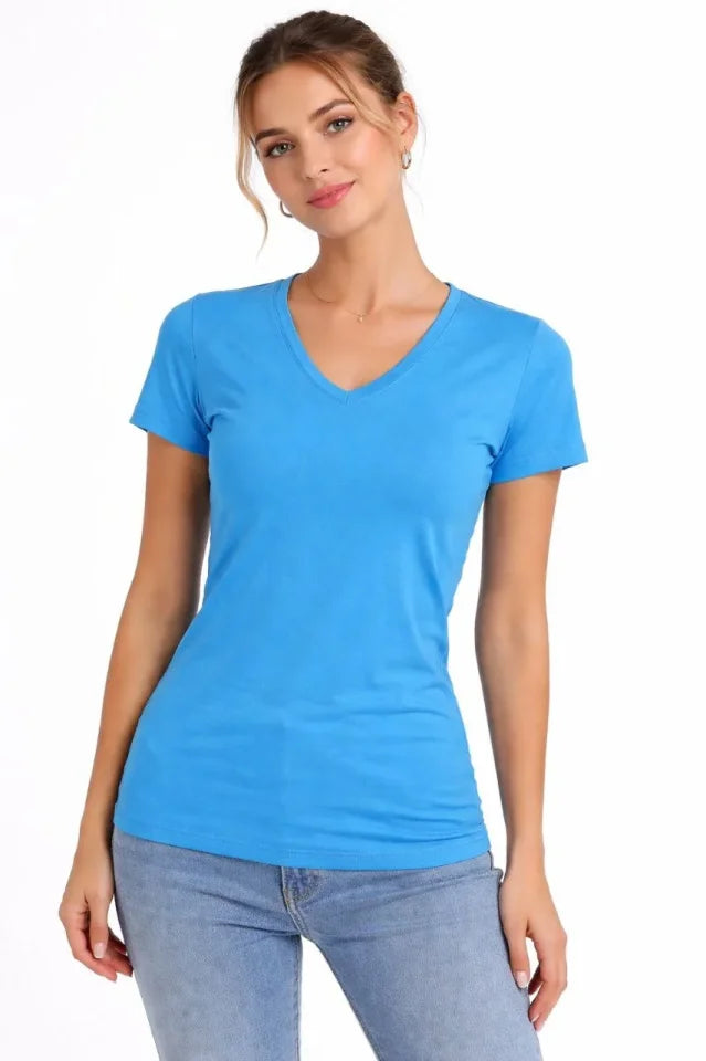 T-Shirt V Yaka Slim Fit Likralı Tişört Günlük Basic Body - Açık Mavi (183956)