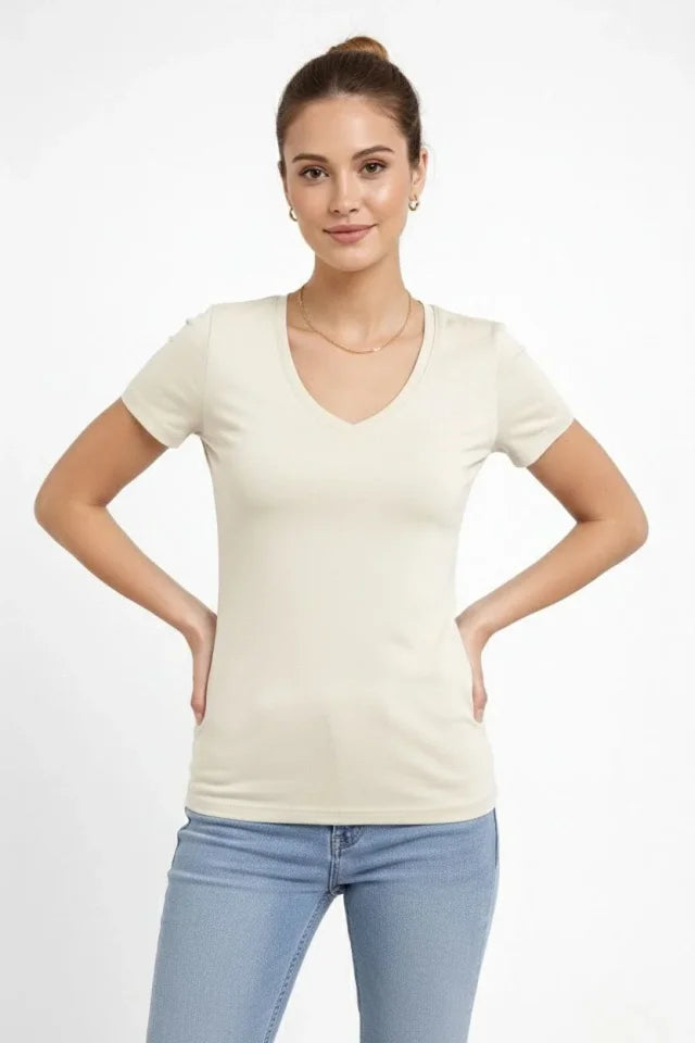 T-Shirt V Yaka Slim Fit Likralı Tişört Günlük Basic Body - Taş (183958)