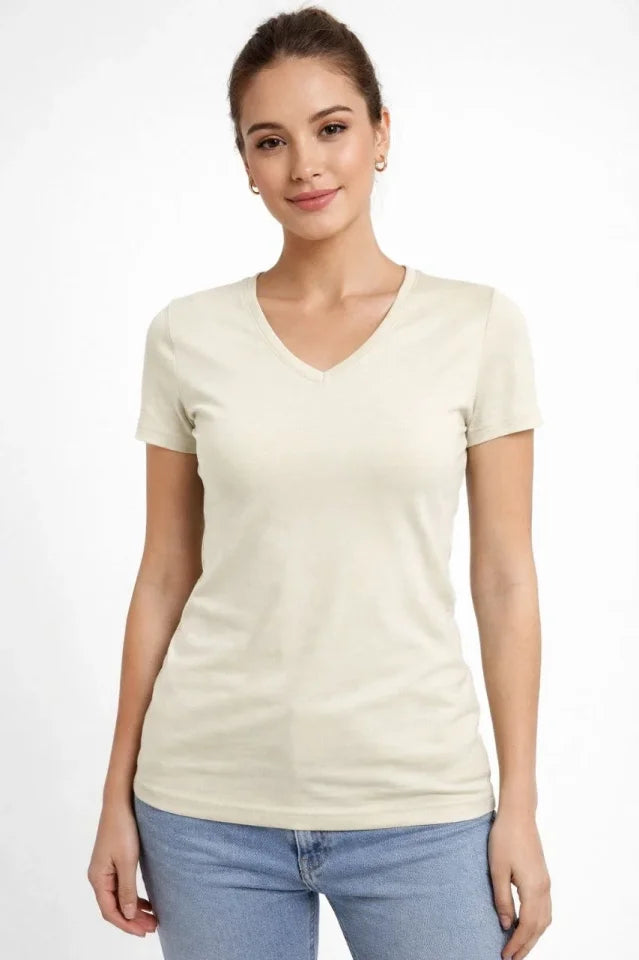 T-Shirt V Yaka Slim Fit Likralı Tişört Günlük Basic Body - Taş (183958)