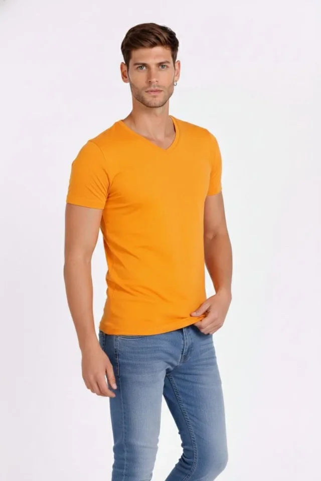 Erkek T-Shirt V Yaka Slim Fit Dar Kesim Likralı Tişört Günlük Basic Body - Sarı (184020)