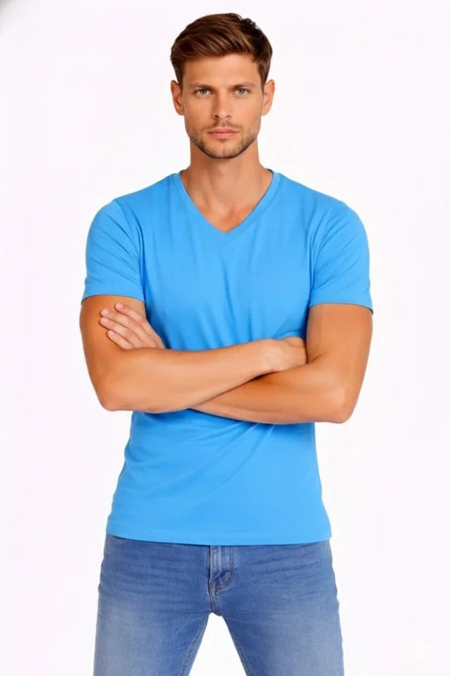 Erkek T-Shirt V Yaka Slim Fit Dar Kesim Likralı Tişört Günlük Basic Body - Açık Mavi (184021)