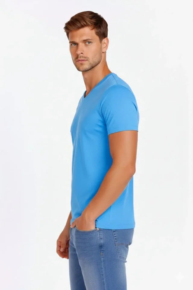 Erkek T-Shirt V Yaka Slim Fit Dar Kesim Likralı Tişört Günlük Basic Body - Açık Mavi (184021)