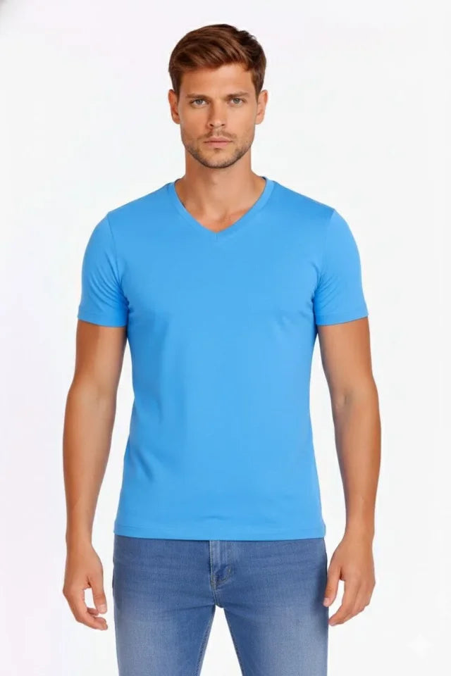 Erkek T-Shirt V Yaka Slim Fit Dar Kesim Likralı Tişört Günlük Basic Body - Açık Mavi (184021)