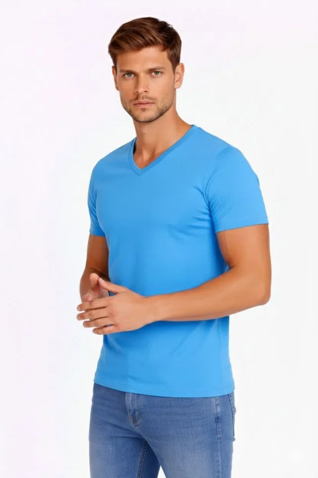 Erkek T-Shirt V Yaka Slim Fit Dar Kesim Likralı Tişört Günlük Basic Body - Açık Mavi (184021)