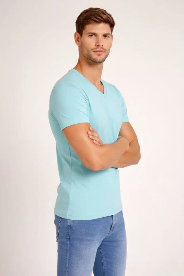 Erkek T-Shirt V Yaka Slim Fit Dar Kesim Likralı Tişört Günlük Basic Body - Turkuvaz (184023)