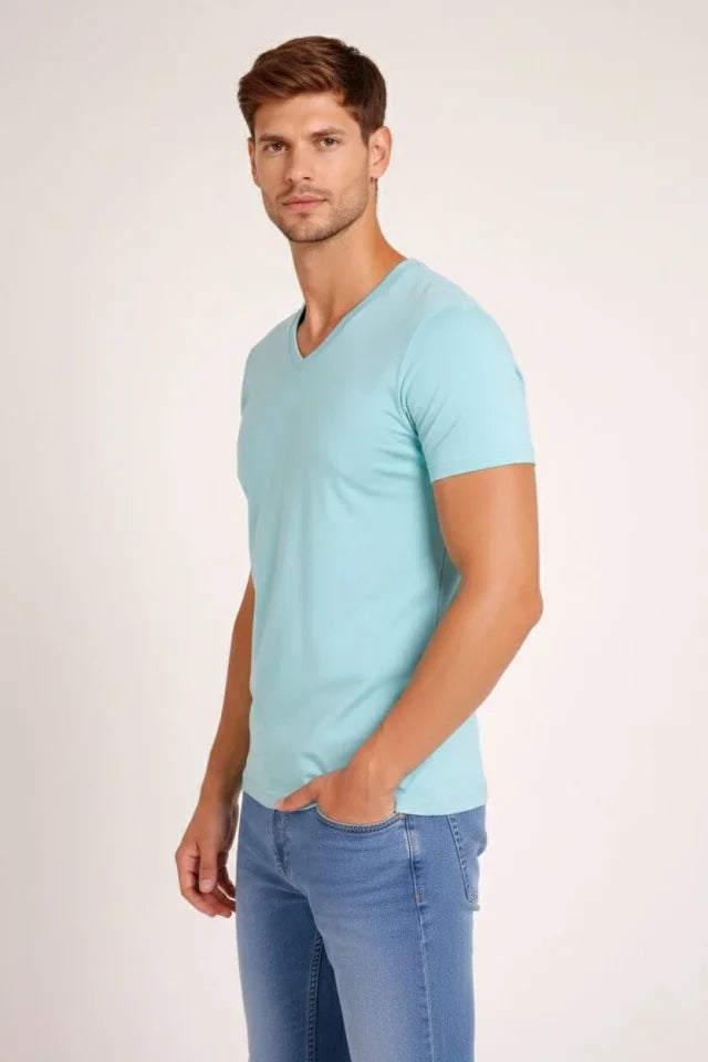 Erkek T-Shirt V Yaka Slim Fit Dar Kesim Likralı Tişört Günlük Basic Body - Turkuvaz (184023)