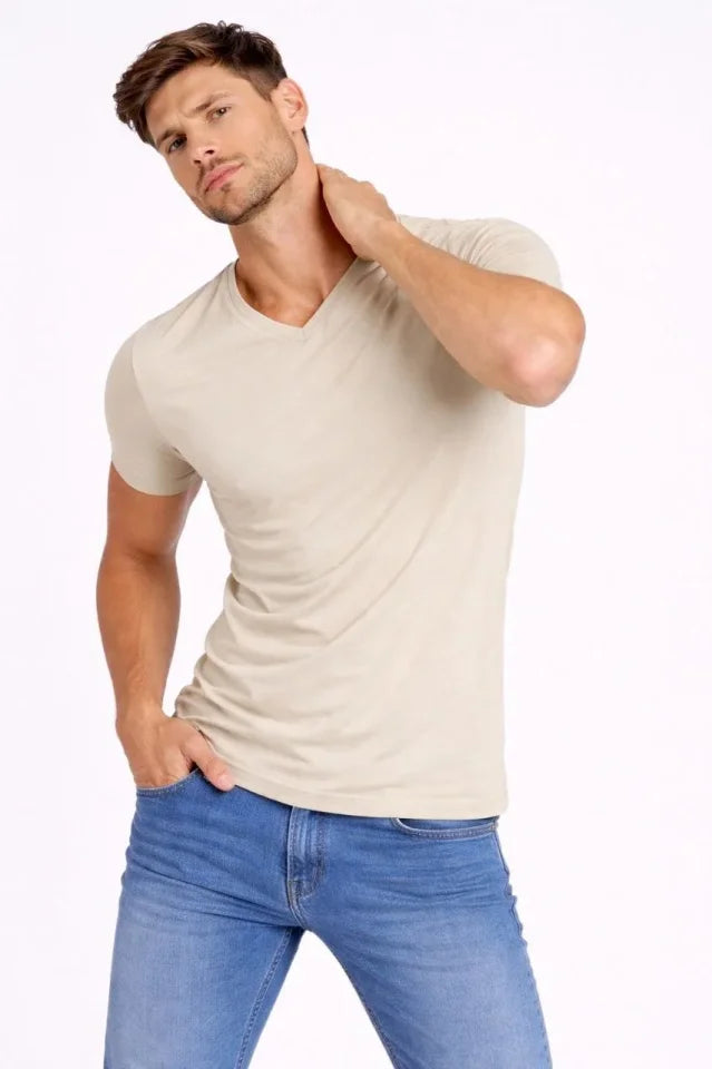 Erkek T-Shirt V Yaka Slim Fit Dar Kesim Likralı Tişört Günlük Basic Body - Taş (184024)