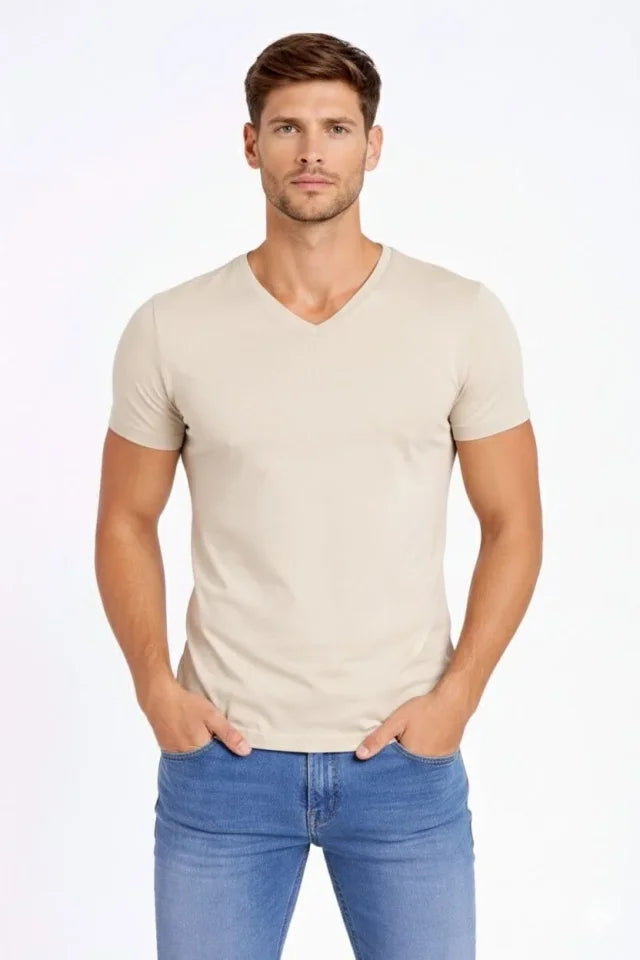Erkek T-Shirt V Yaka Slim Fit Dar Kesim Likralı Tişört Günlük Basic Body - Taş (184024)