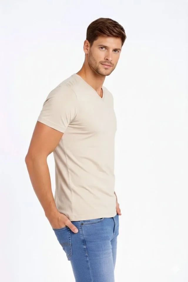 Erkek T-Shirt V Yaka Slim Fit Dar Kesim Likralı Tişört Günlük Basic Body - Taş (184024)