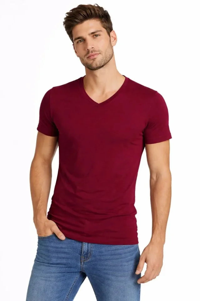 Erkek T-Shirt V Yaka Slim Fit Dar Kesim Likralı Tişört Günlük Basic Body - Bordo (184025)
