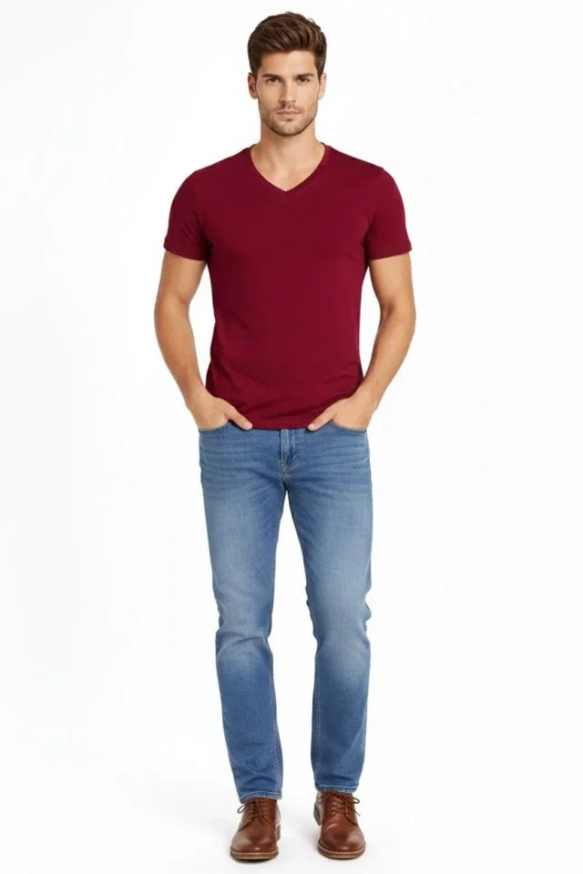 Erkek T-Shirt V Yaka Slim Fit Dar Kesim Likralı Tişört Günlük Basic Body - Bordo (184025)