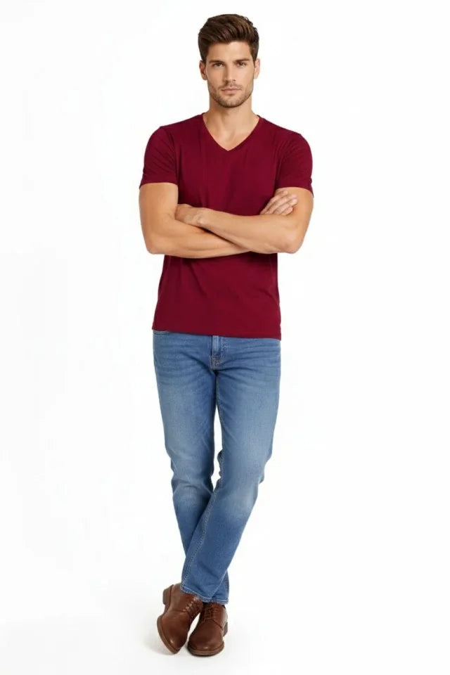 Erkek T-Shirt V Yaka Slim Fit Dar Kesim Likralı Tişört Günlük Basic Body - Bordo (184025)