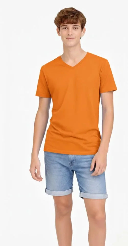 Genç Erkek Çocuk V Yaka Tişört Yazlık Model Günlük Basic Body - Turuncu (184036)