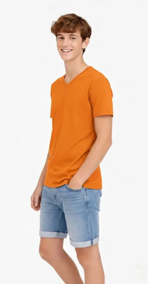 Genç Erkek Çocuk V Yaka Tişört Yazlık Model Günlük Basic Body - Turuncu (184036)