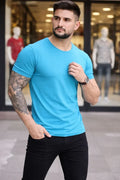 Erkek T-Shirt Bisiklet Yaka Slim Fit Dar Kesim Likralı Tişört Günlük Basic Body - Açık Mavi (184092)
