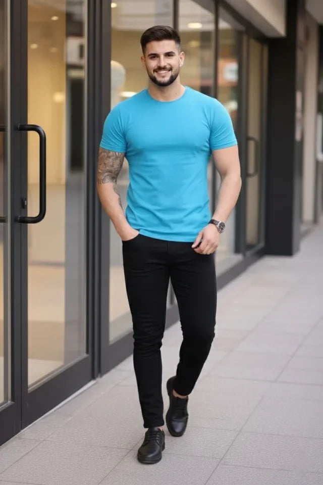 Erkek T-Shirt Bisiklet Yaka Slim Fit Dar Kesim Likralı Tişört Günlük Basic Body - Açık Mavi (184092)