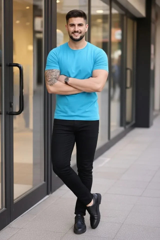 Erkek T-Shirt Bisiklet Yaka Slim Fit Dar Kesim Likralı Tişört Günlük Basic Body - Açık Mavi (184092)