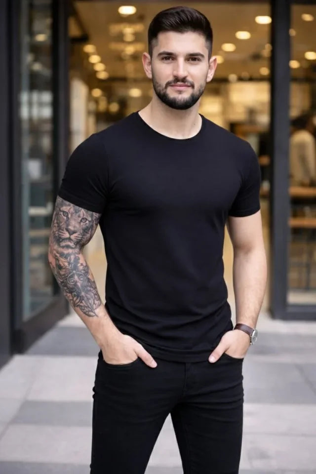 Erkek T-shirt Bisiklet Yaka Slim Fit Dar Kesim Likralı Tişört Günlük Basic Body - Siyah (184093)