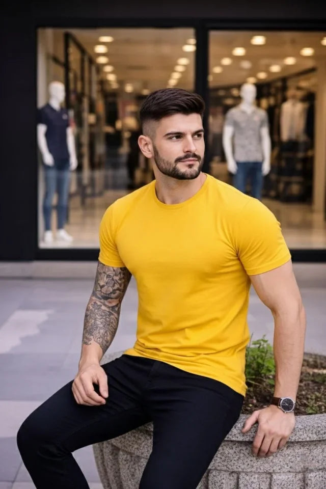 Erkek T-Shirt Bisiklet Yaka Slim Fit Dar Kesim Likralı Tişört Günlük Basic Body - Sarı (184098)