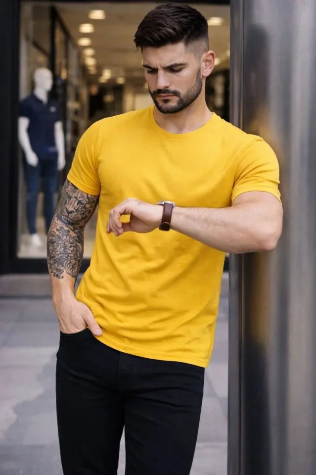 Erkek T-Shirt Bisiklet Yaka Slim Fit Dar Kesim Likralı Tişört Günlük Basic Body - Sarı (184098)