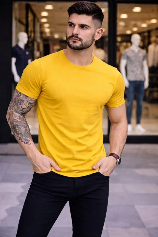Erkek T-Shirt Bisiklet Yaka Slim Fit Dar Kesim Likralı Tişört Günlük Basic Body - Sarı (184098)