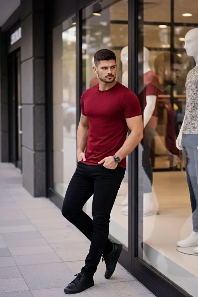 Erkek T-Shirt Bisiklet Yaka Slim Fit Dar Kesim Likralı Tişört Günlük Basic Body - Bordo (184099)