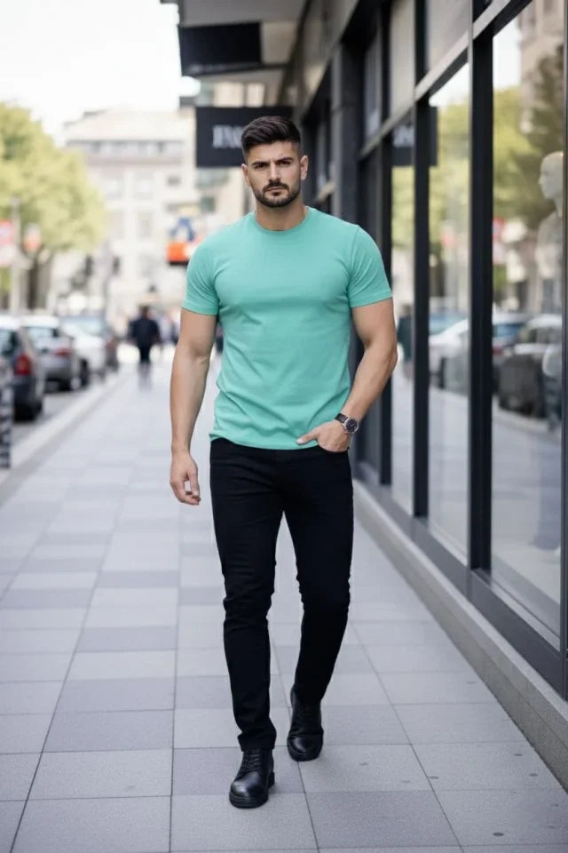 Erkek T-Shirt Bisiklet Yaka Slim Fit Dar Kesim Likralı Tişört Günlük Basic Body - Turkuvaz (184102)