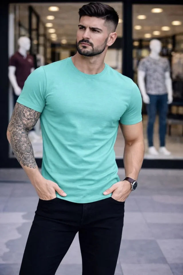 Erkek T-Shirt Bisiklet Yaka Slim Fit Dar Kesim Likralı Tişört Günlük Basic Body - Turkuvaz (184102)