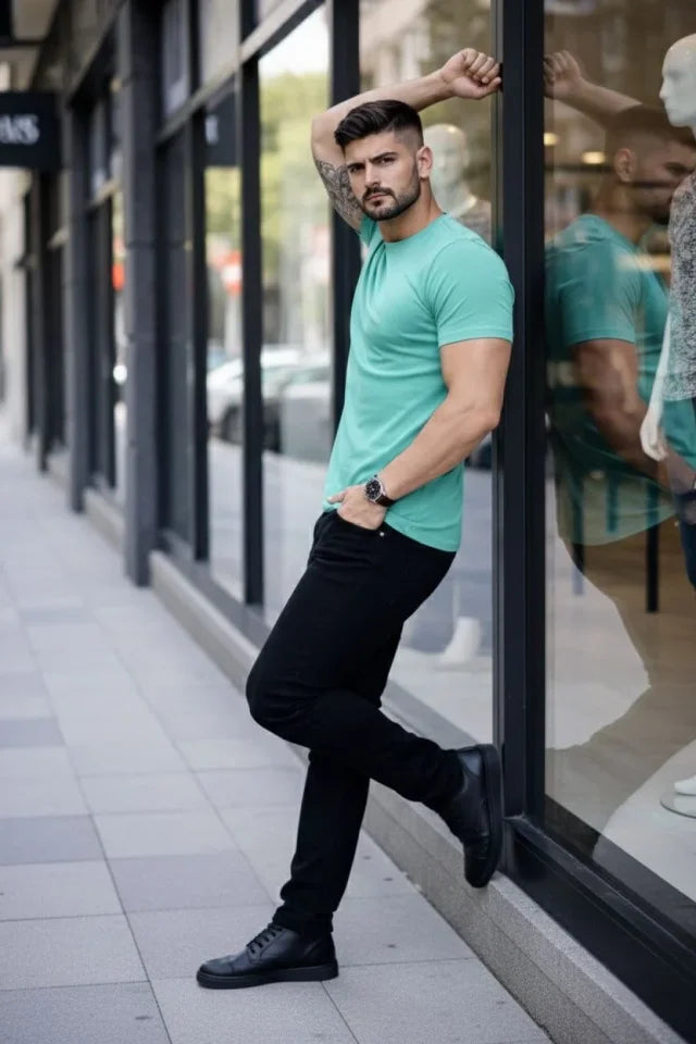 Erkek T-Shirt Bisiklet Yaka Slim Fit Dar Kesim Likralı Tişört Günlük Basic Body - Turkuvaz (184102)
