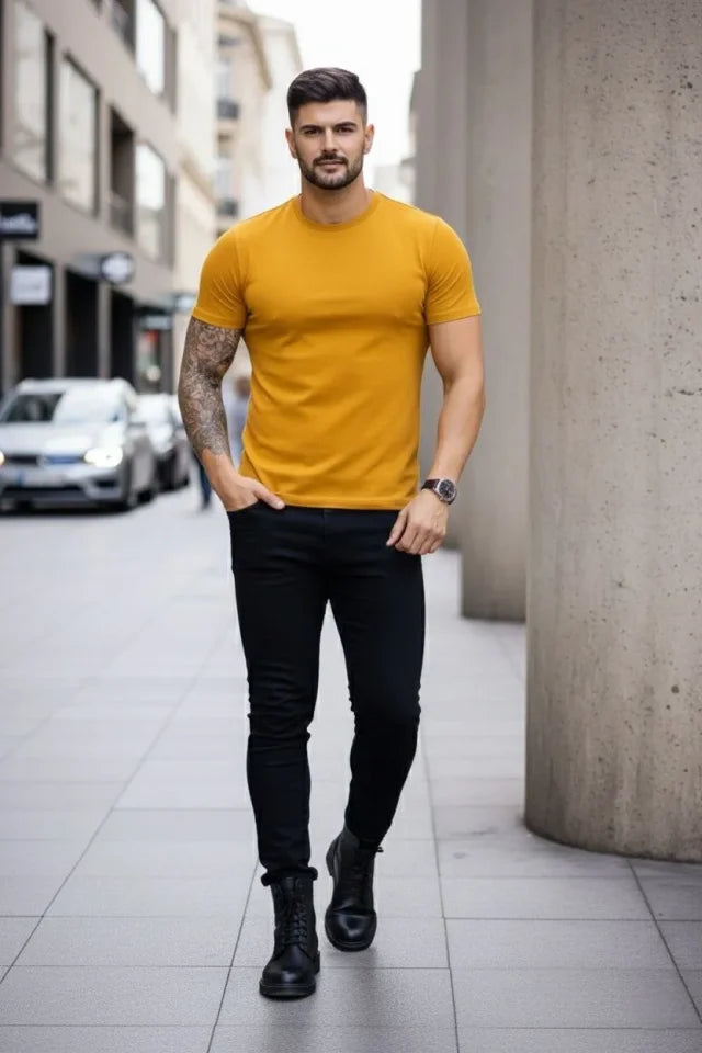Erkek T-Shirt Bisiklet Yaka Slim Fit Dar Kesim Likralı Tişört Günlük Basic Body - Limon (184103)