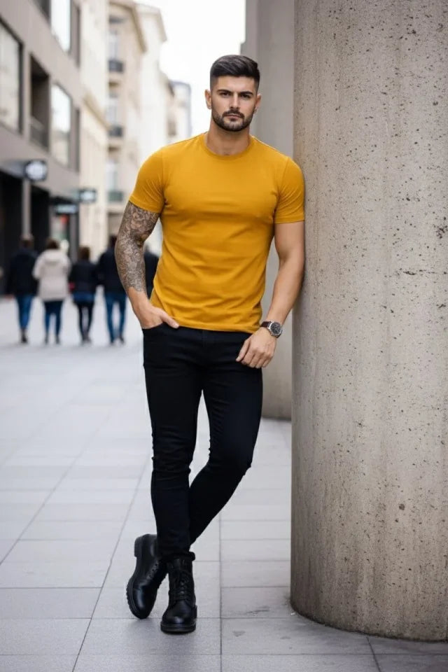 Erkek T-Shirt Bisiklet Yaka Slim Fit Dar Kesim Likralı Tişört Günlük Basic Body - Limon (184103)